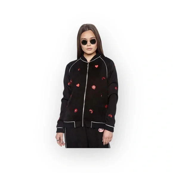 new Lauren Moshi 𖠌 Paris Ladybug Love Kiss Patch Bomber Jacket 𖠌 Black 𖠌 Medium - Picture 15 of 16
